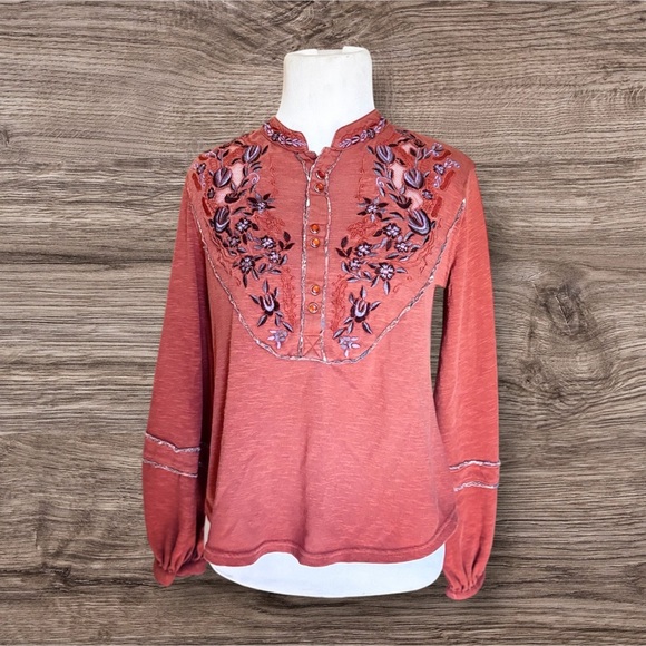 Free People Brown and Pink Long Sleeve Embellished Blouse‎ with Mandarin Collar - Picture 1 of 2